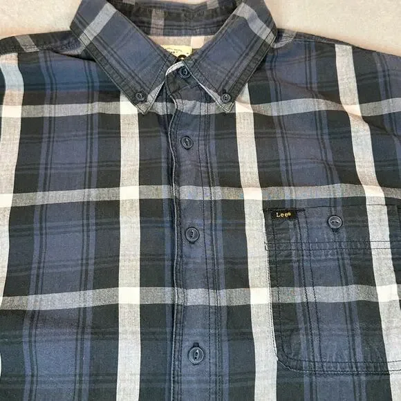 Lee Shirt Mens Large Blue White Plaid Button Down Everyday Classic Timeless Top - Picture 6 of 9
